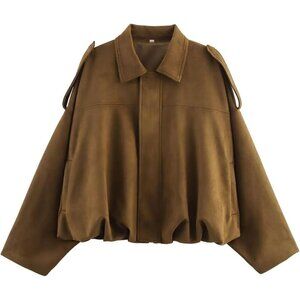 Women's 01 Brown Pocket Faux Bomber Jacket Coat Streetwear Winter Long Sleeves